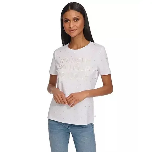 Karl Lagerfeld Paris Women's Embellished Bonjour T-Shirt in White Size Medium - Picture 1 of 11